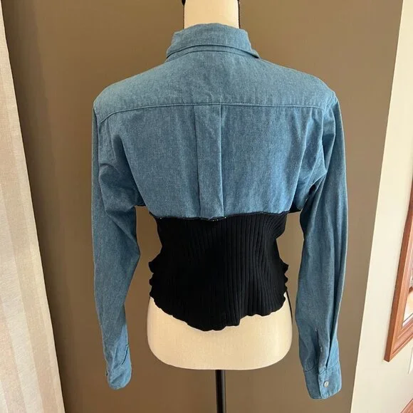Vintage Women's Denim & black stretch button down top, Size Large - Picture 4 of 6